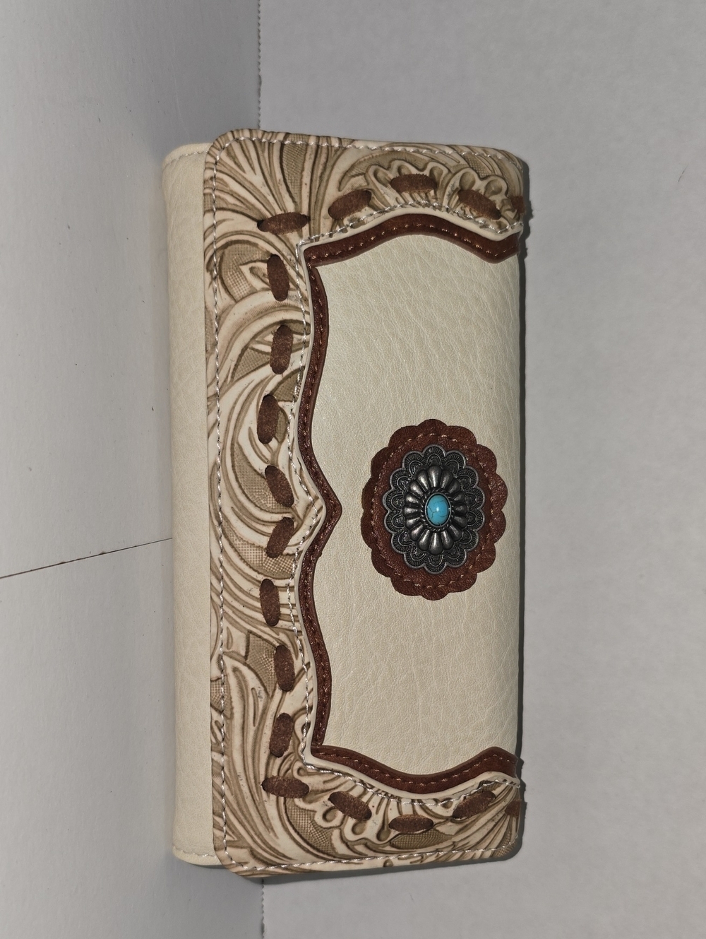 Cream and Brown Tooled Western Wallet with Turquoise Concho